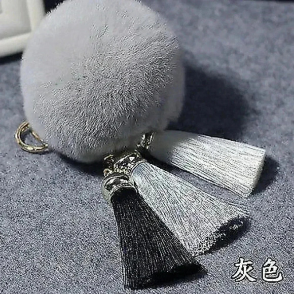 Multiple Colors Available - Fuzzy Fur Pom Pom Keychain Key with Tassels - Picture 12 of 15